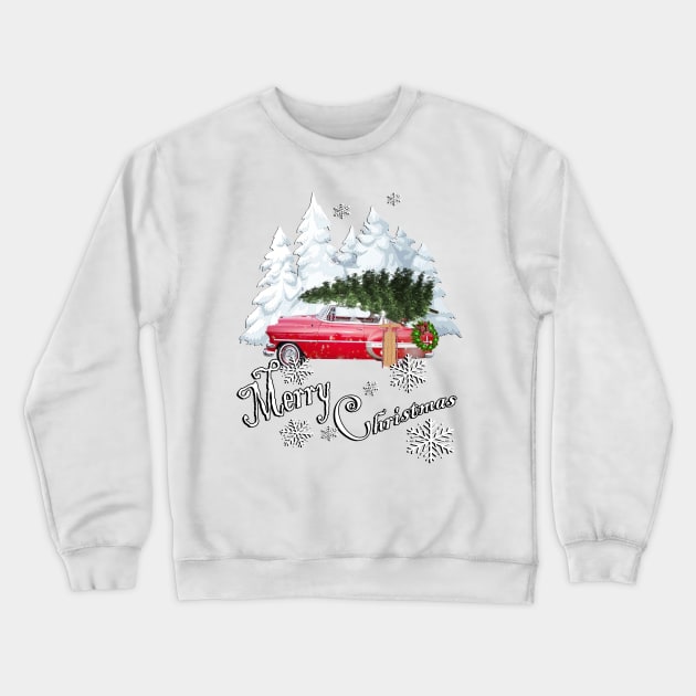 Traditional Old Fashioned Farmhouse Christmas Design: Vintage Car Hauling Tree in Snow Merry Christmas Crewneck Sweatshirt by tamdevo1